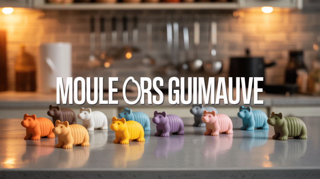 Moule ours guimauve avec guimauves colorées sur plan de travail