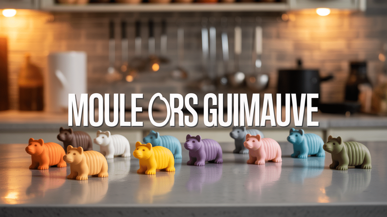 Moule ours guimauve avec guimauves colorées sur plan de travail