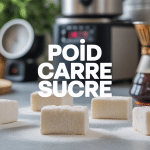 poid carre sucre en gros plan avec balance et cafe