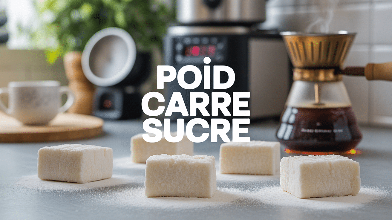 poid carre sucre en gros plan avec balance et cafe