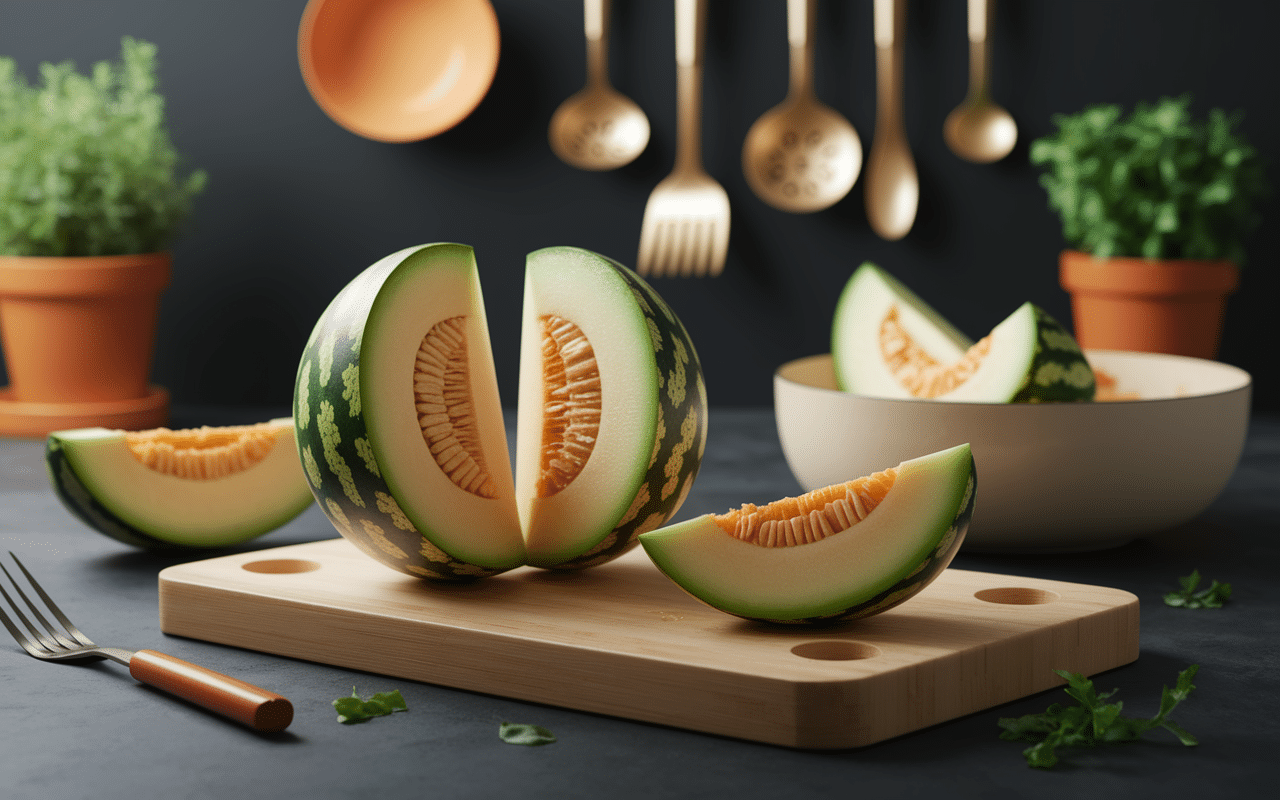 poids melon quartiers sur planche cuisine