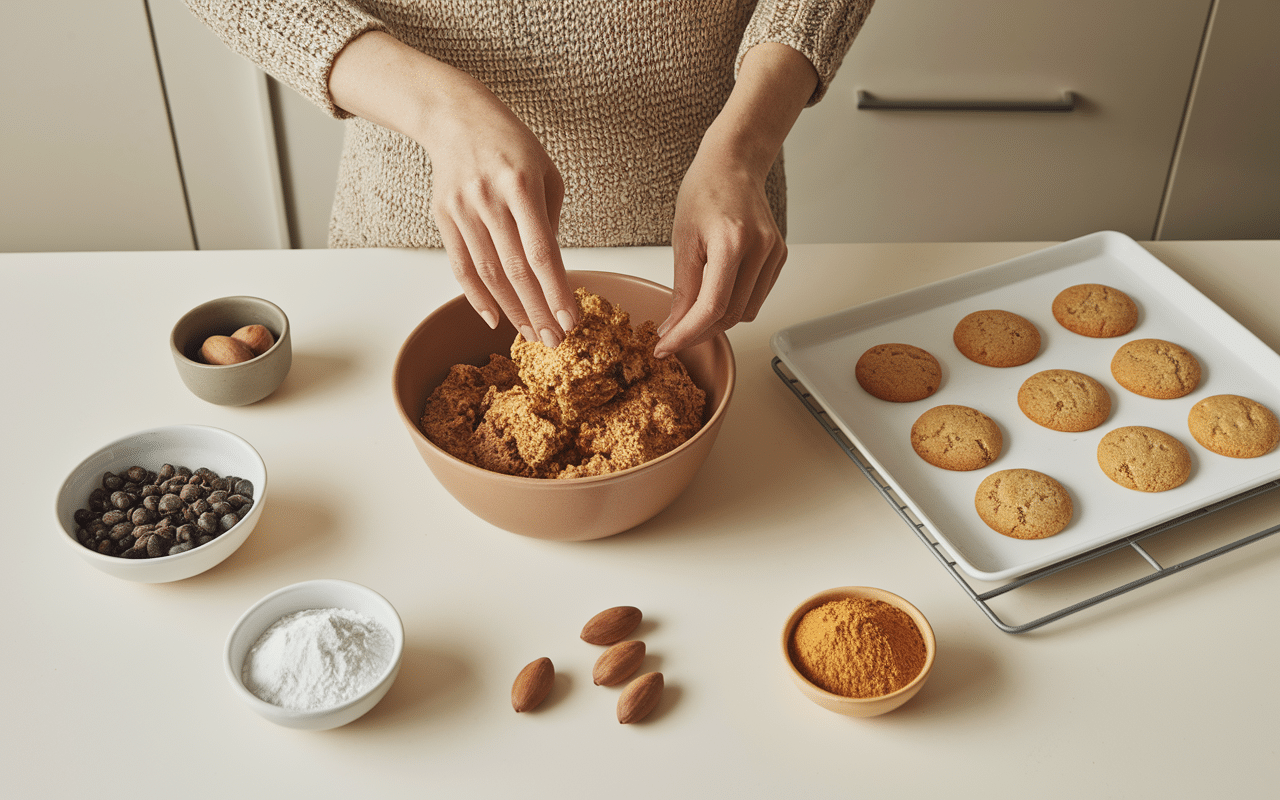 Préparation pâte cookies banane beurre de cacahuete avec chocolat noix