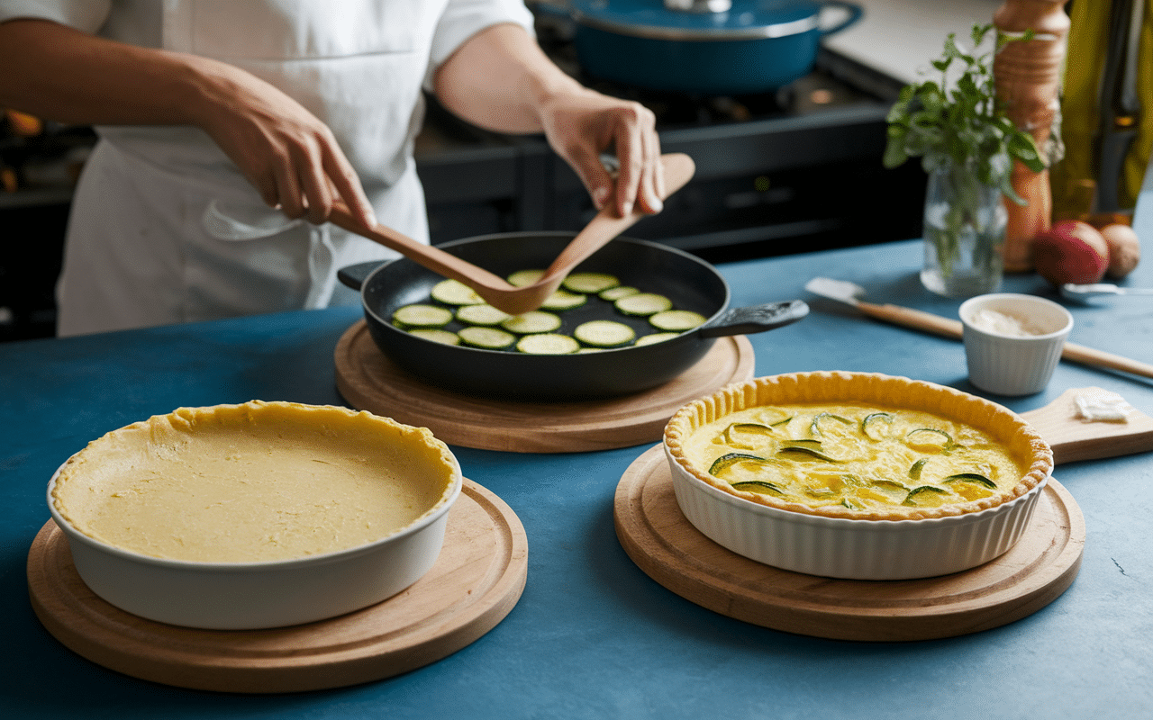 Préparation quiche courgettes chèvre lardons pâte courgette four