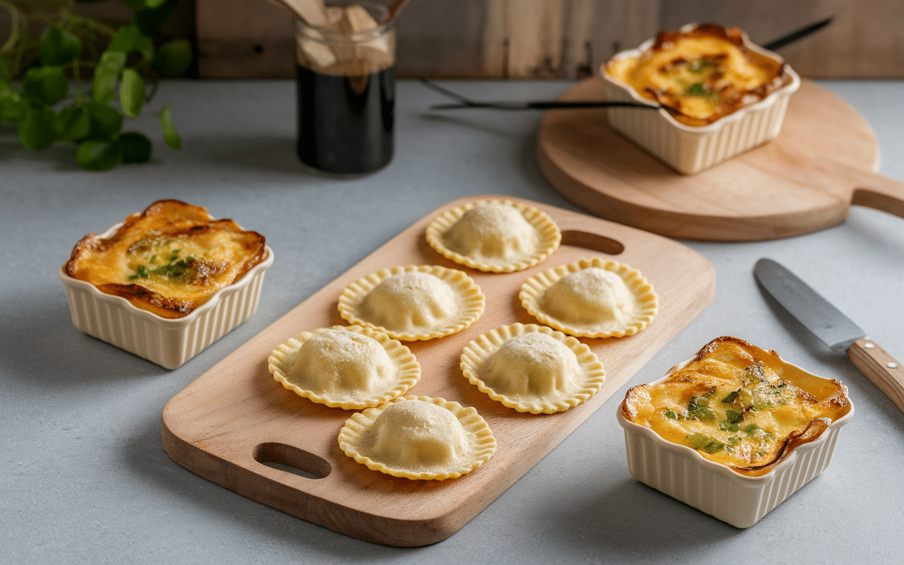 Raviolis et gratins en paniers avec feuilles lasagnes fraîches