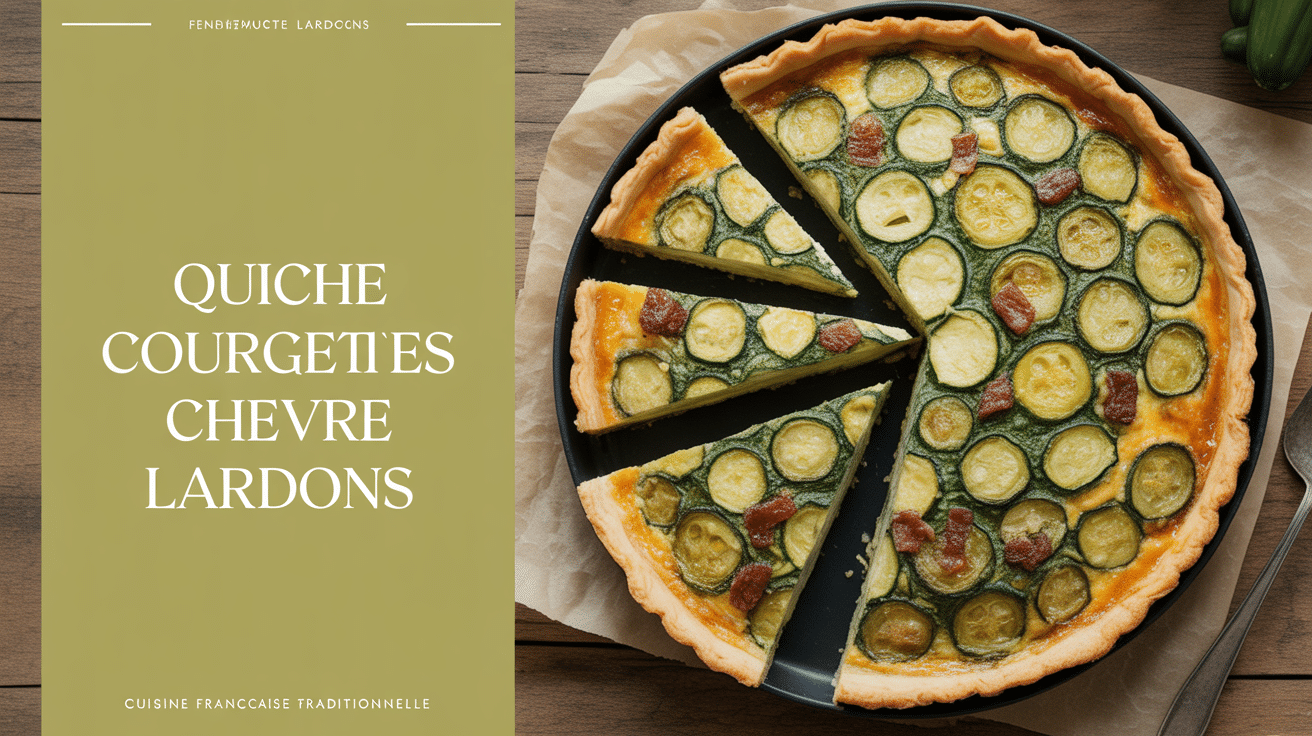 Quiche courgettes chèvre lardons coupée sur table en bois
