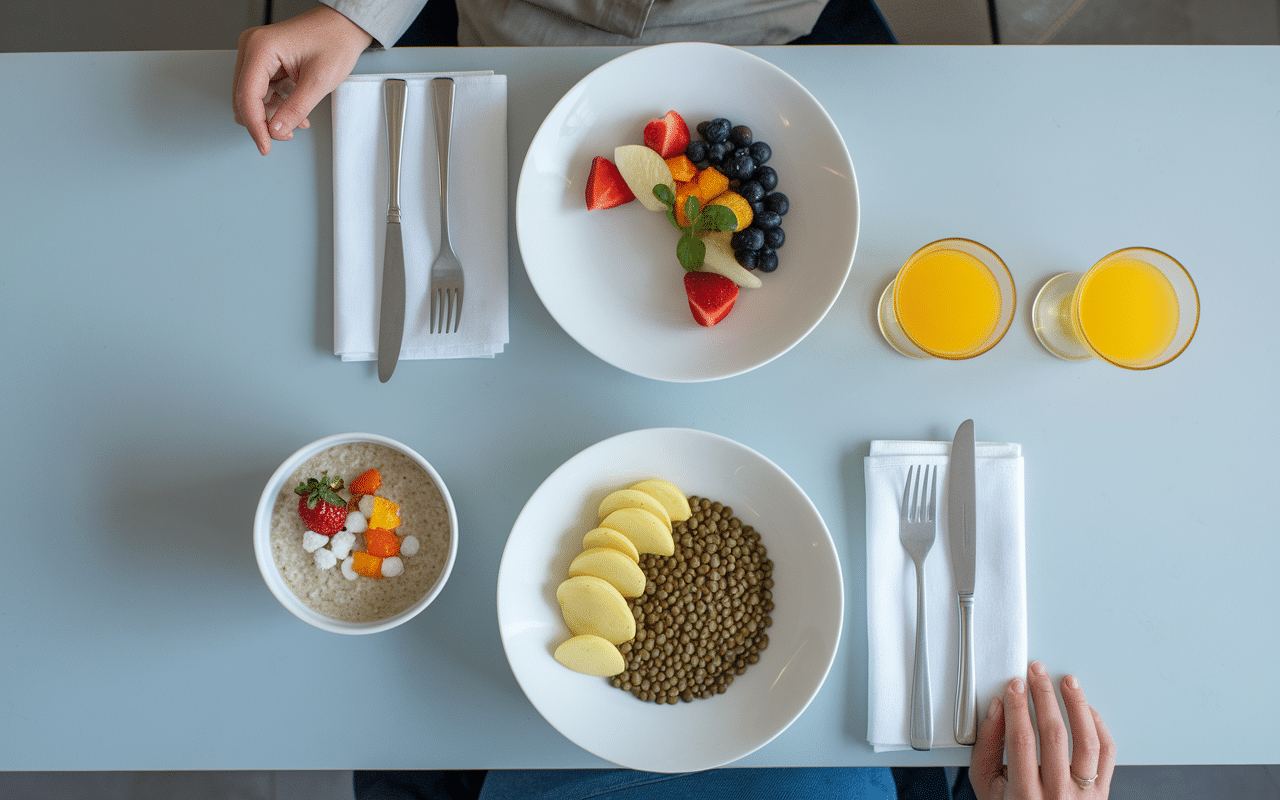 Plateau repas recette bas IG avec porridge salade lentilles noix pomme