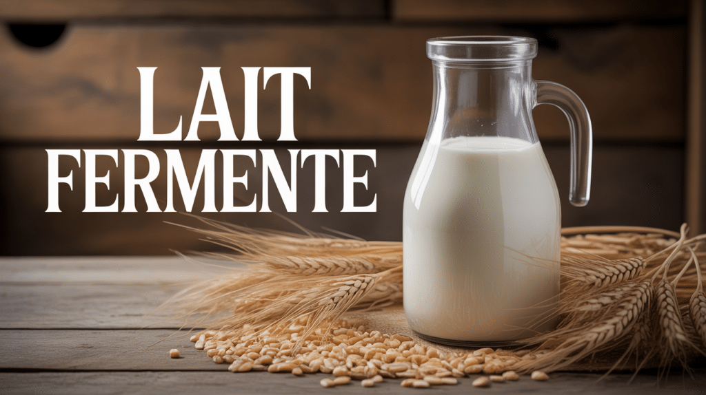Bouteille de lait fermenté recette sur table en bois