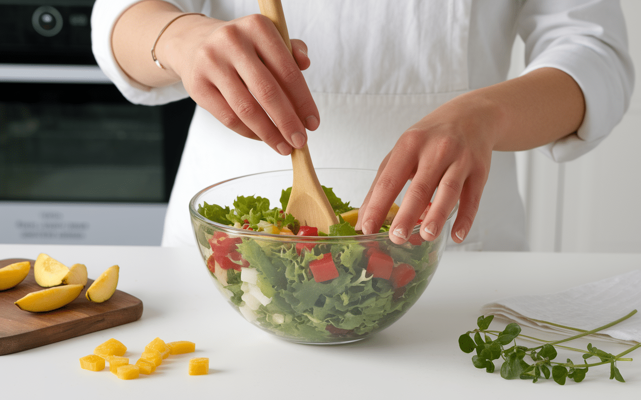 Préparation salade ananas surimi en cuisine