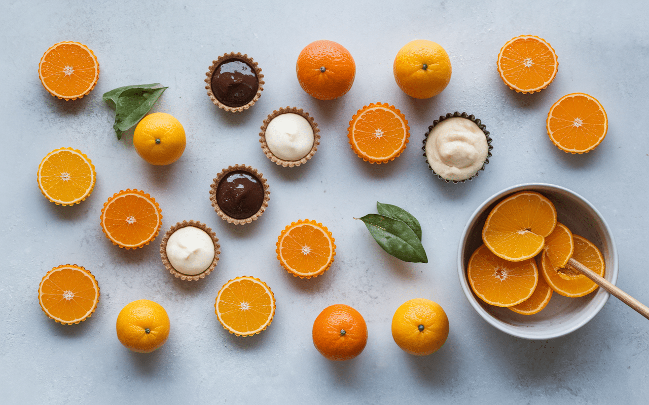 Différents styles de tartelette clementine sur plan de travail