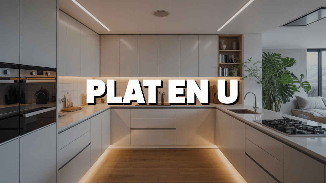 Vue générale cuisine plat en u moderne épurée