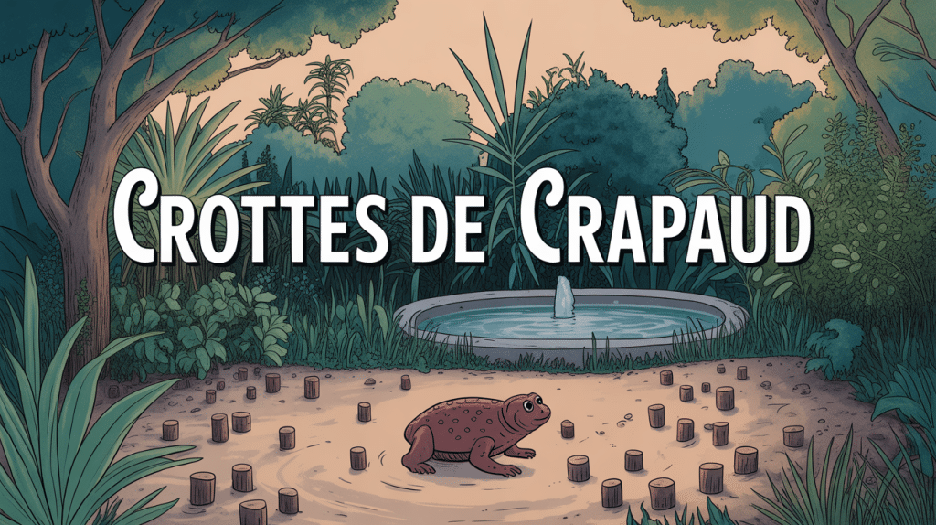Crotte de crapaud au sol moussu dans jardin humide