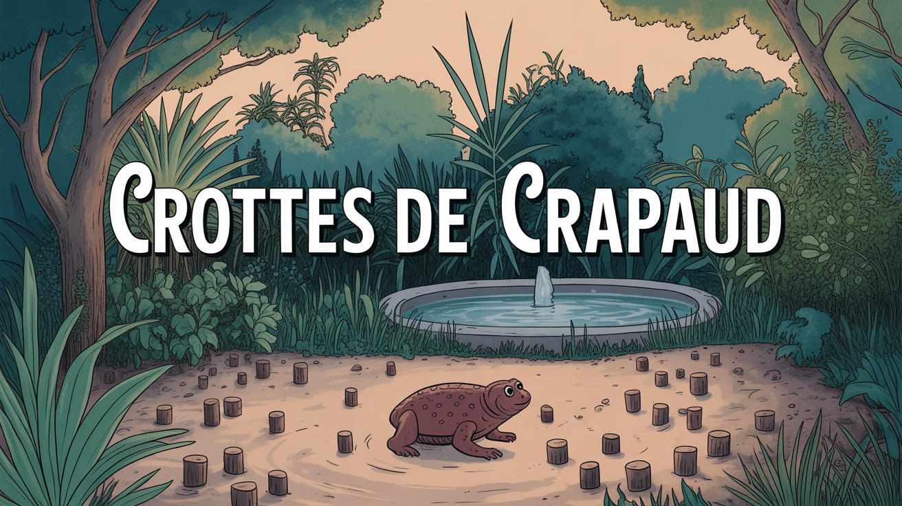 Crotte de crapaud au sol moussu dans jardin humide