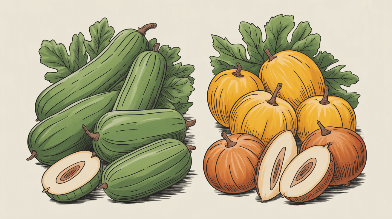 Comparatif coupes courge verte et jaune