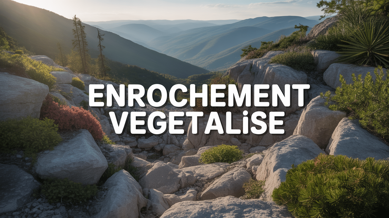 Panorama talus enrochement végétalisé blocs pierre et plantes