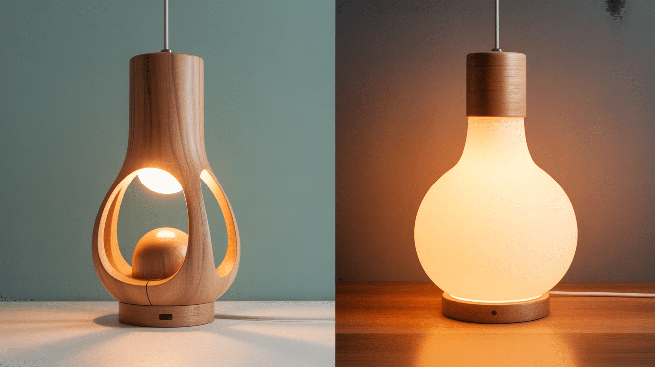 Lampe createur bois sculpte face lampe industrielle