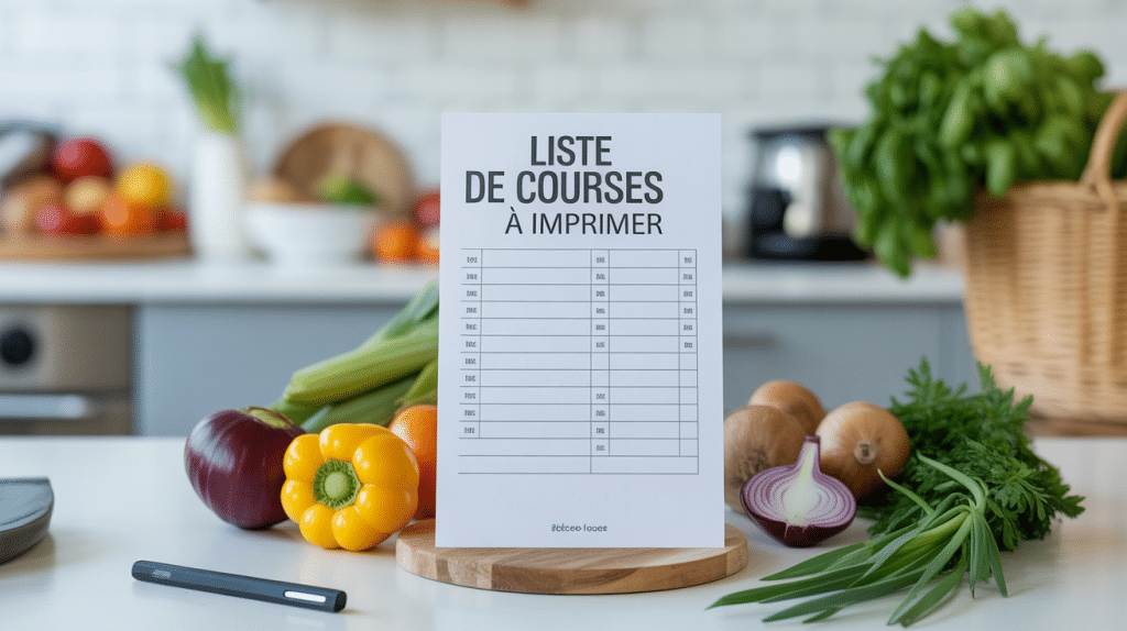 Liste de courses à imprimer sur table avec légumes