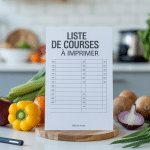 Liste de courses à imprimer sur table avec légumes