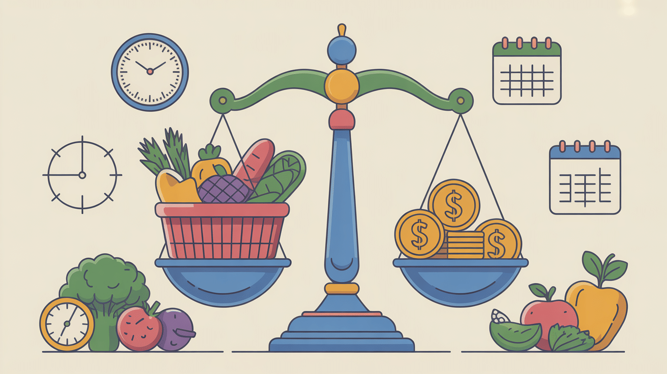 Balance panier et pièces gestion liste de courses type pour 1 mois