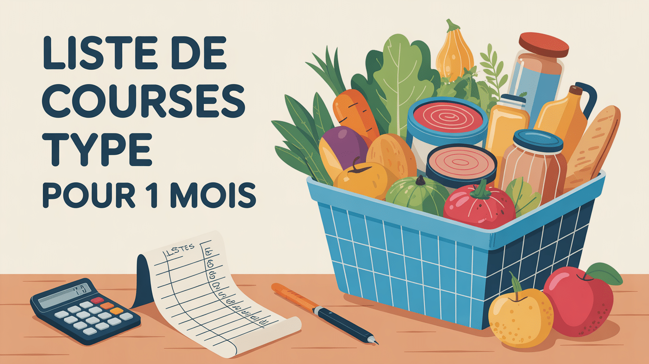 Panier aliments variés avec liste de courses type pour 1 mois