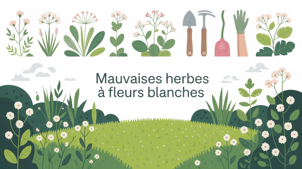 vue jardin avec mauvais herbe fleur blanche