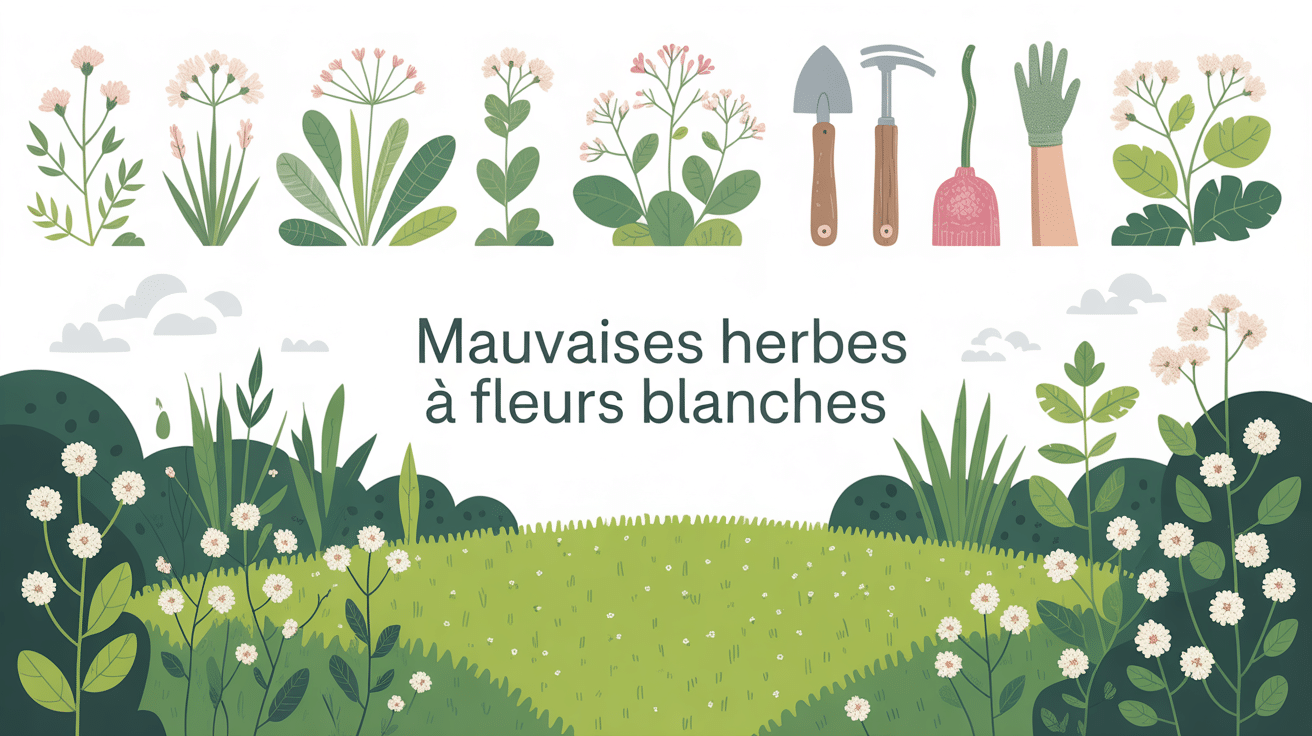 vue jardin avec mauvais herbe fleur blanche