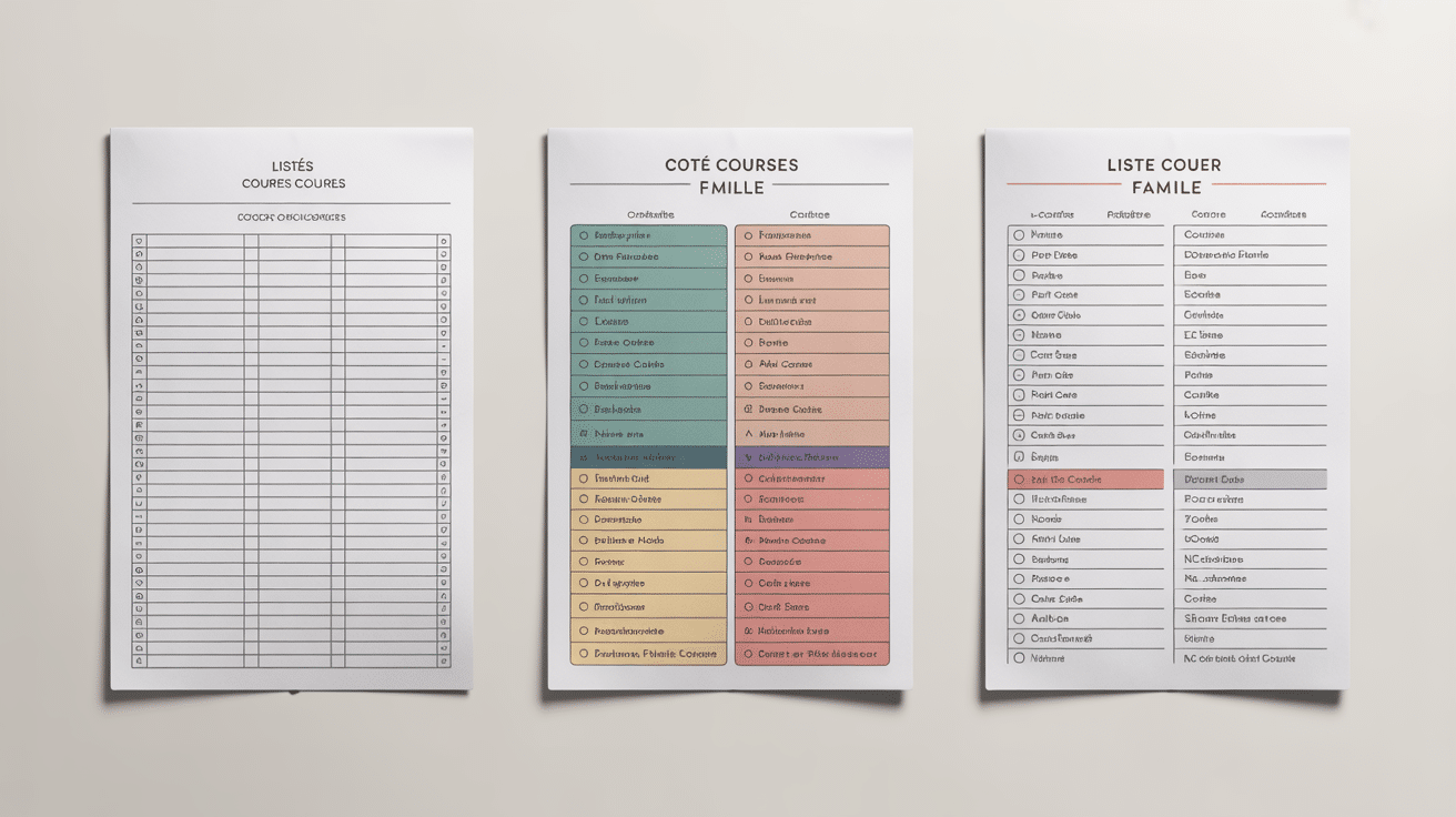 Différents modèles de liste de courses à imprimer alignés