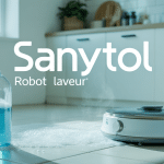 robot laveur et sanytol pour robot laveur sur carrelage blanc