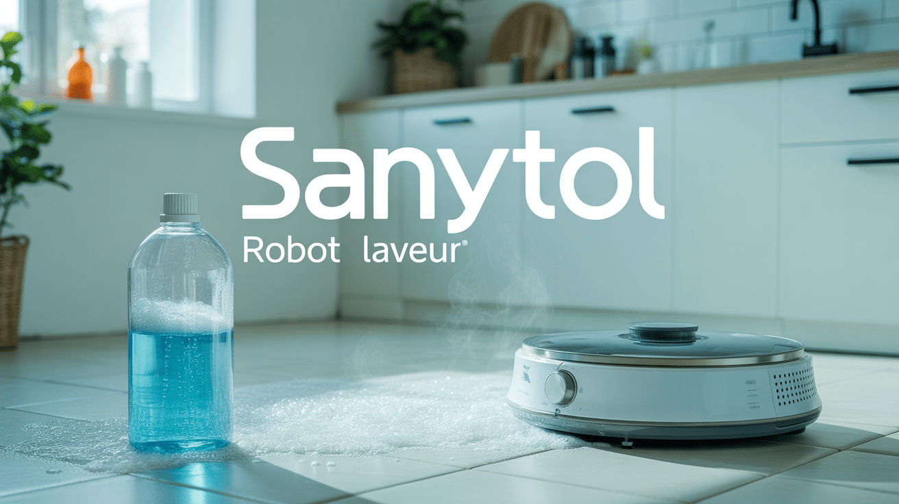 robot laveur et sanytol pour robot laveur sur carrelage blanc