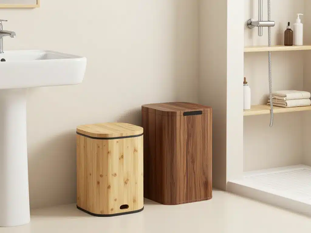 différents modèles de poubelle de salle de bain en bois dans un intérieur