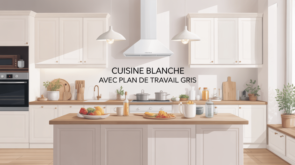 cuisine blanche plan de travail gris ambiance lumineuse et bois