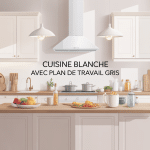 cuisine blanche plan de travail gris ambiance lumineuse et bois