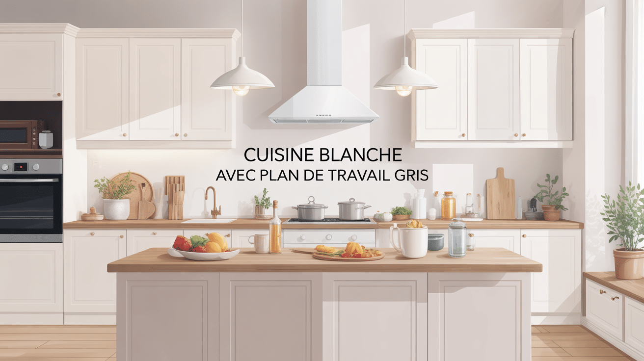 cuisine blanche plan de travail gris ambiance lumineuse et bois