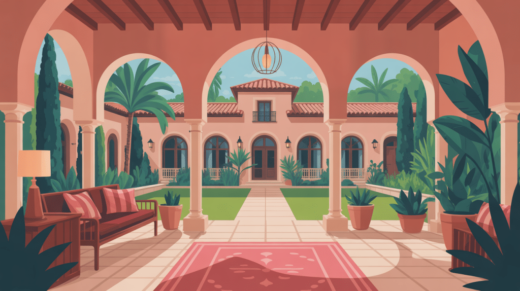 illustration maison hacienda cour intérieure arcades