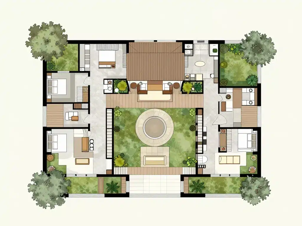 schéma plan maison hacienda moderne patio