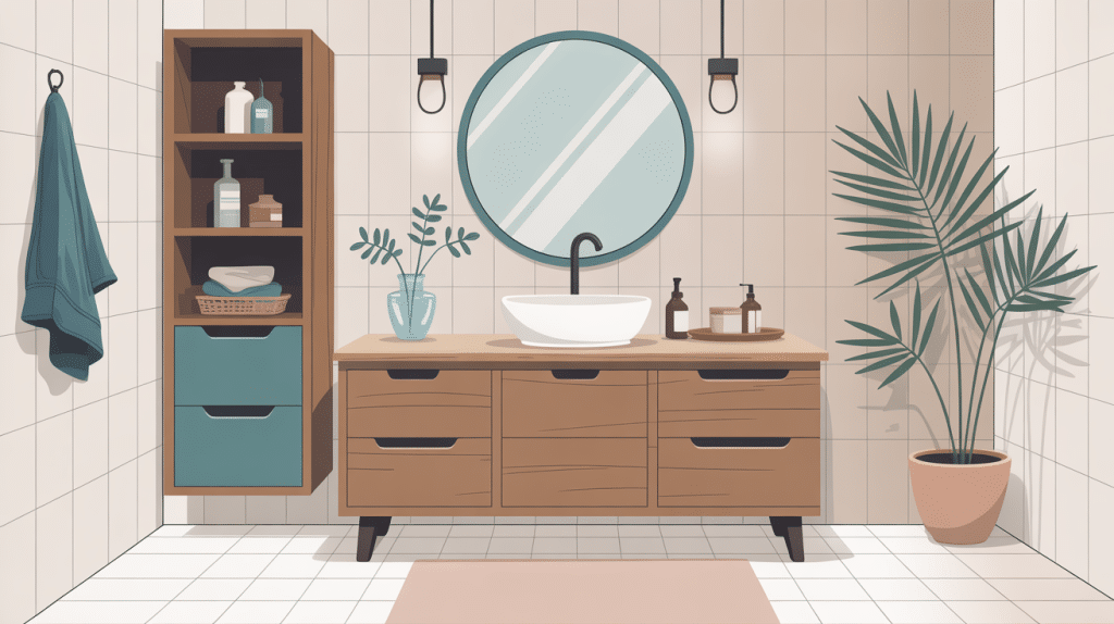 poubelle de salle de bain en bois dans une salle de bain moderne