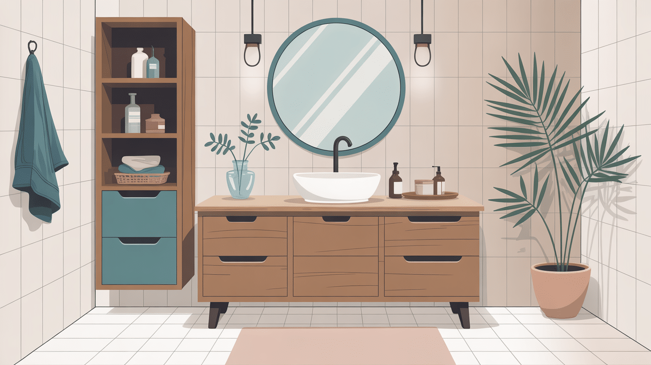 poubelle de salle de bain en bois dans une salle de bain moderne