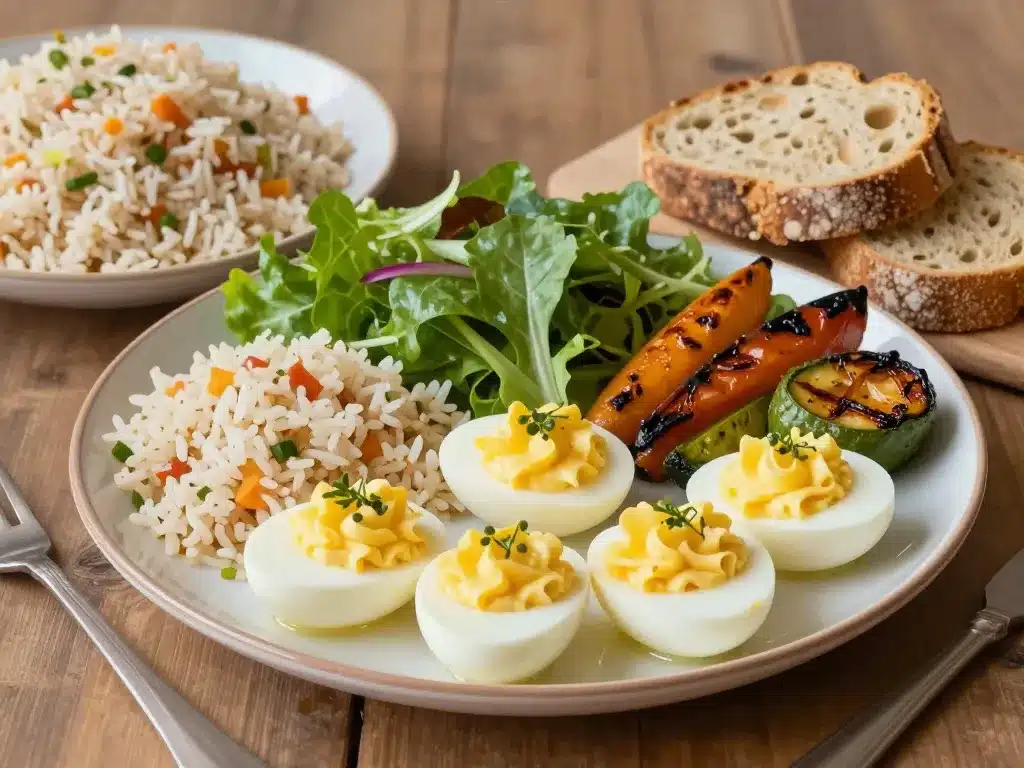 assiette froide équilibrée avec quoi accompagner des oeufs mimosa, riz, salade, légumes