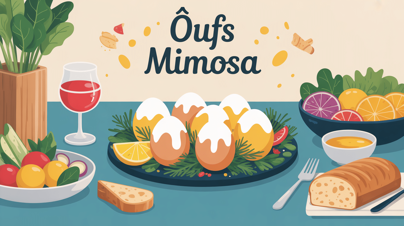 illustration plateau avec quoi accompagner des oeufs mimosa, crudités, salades, pain frais