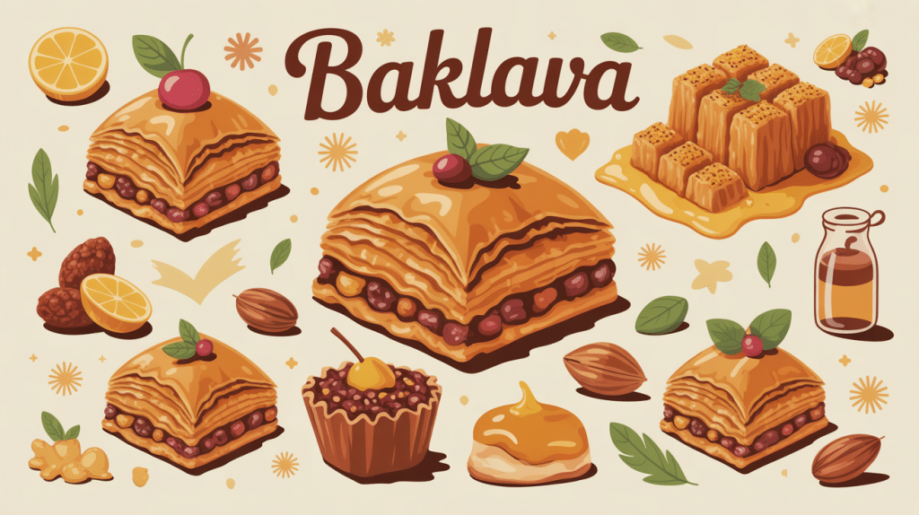 Illustration baklava origine, influences cultures Méditerranée et Moyen-Orient