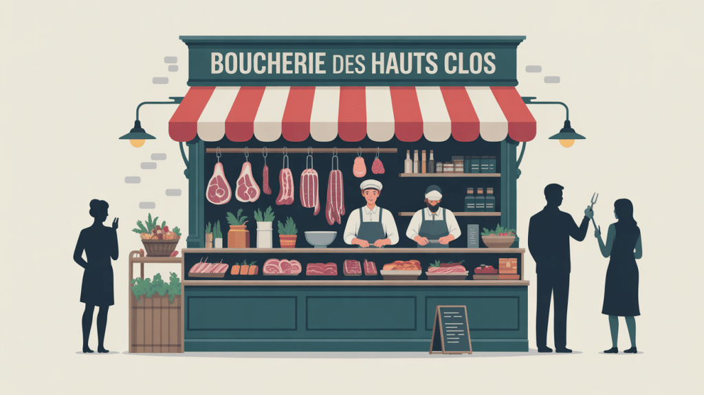 Illustration vectorielle boucherie des Hauts Clos façade et ambiance quartier