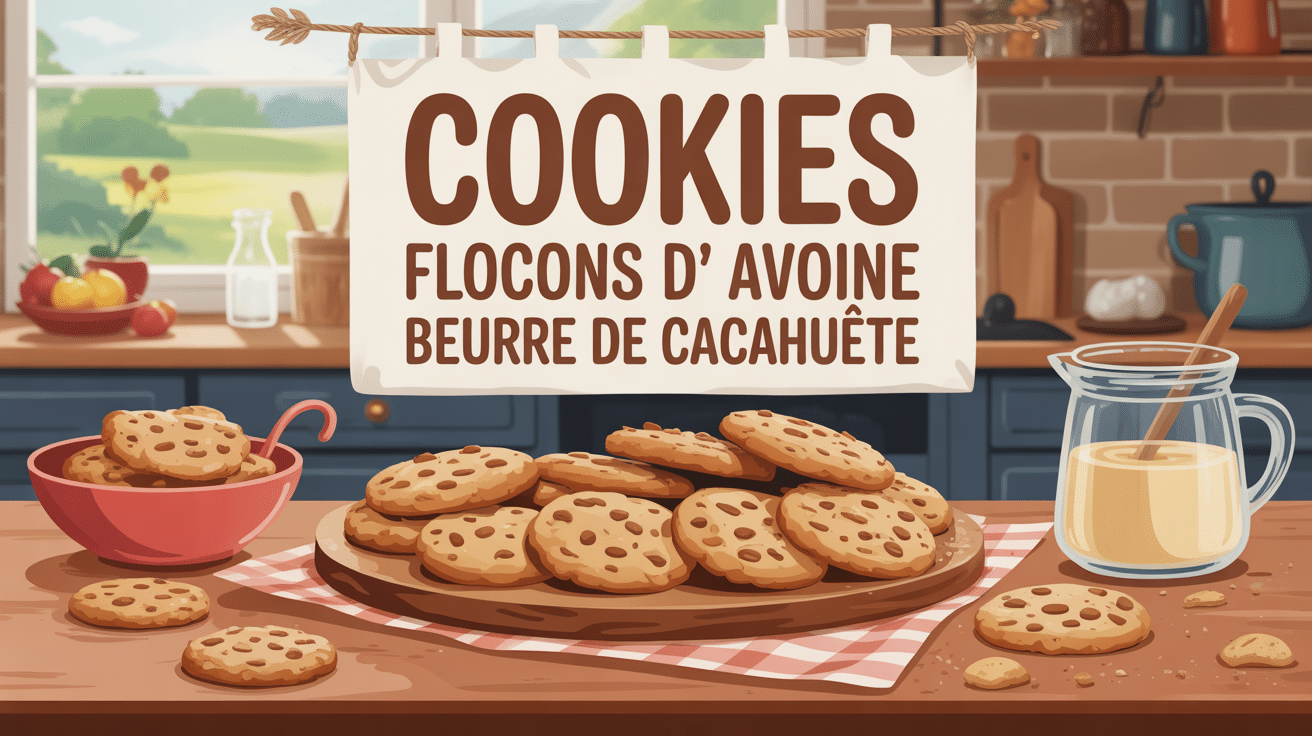illustration cookies flocon d'avoine beurre de cacahuete sur table ambiance familiale