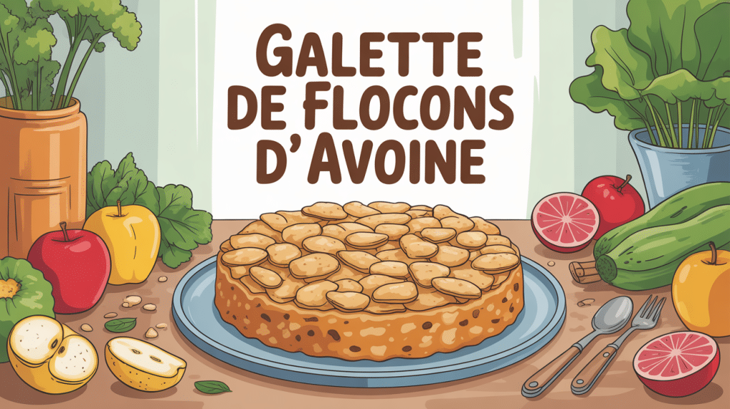 Galette de flocons d'avoine entourée de fruits, légumes et ustensiles de cuisine