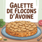 Galette de flocons d'avoine entourée de fruits, légumes et ustensiles de cuisine