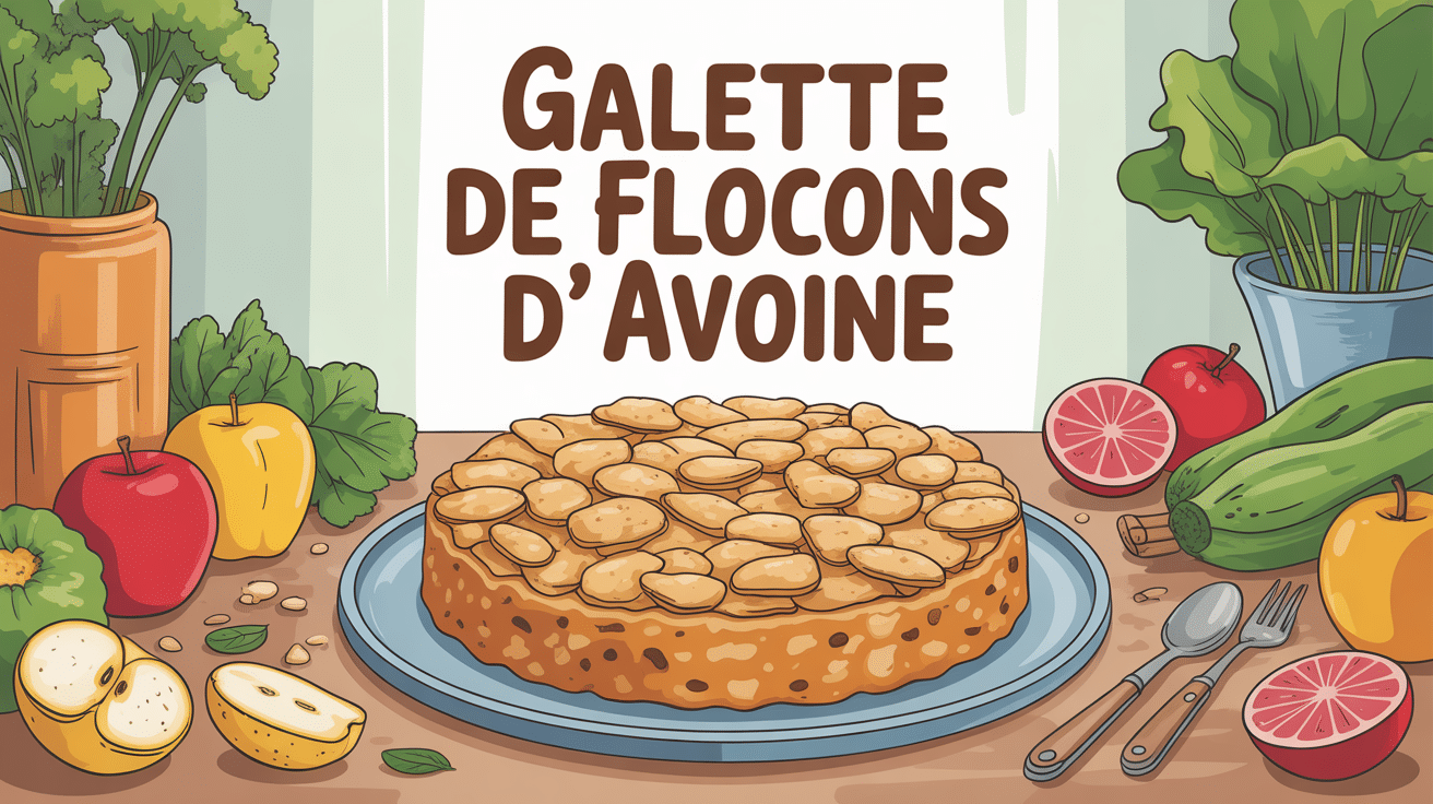 Galette de flocons d'avoine entourée de fruits, légumes et ustensiles de cuisine