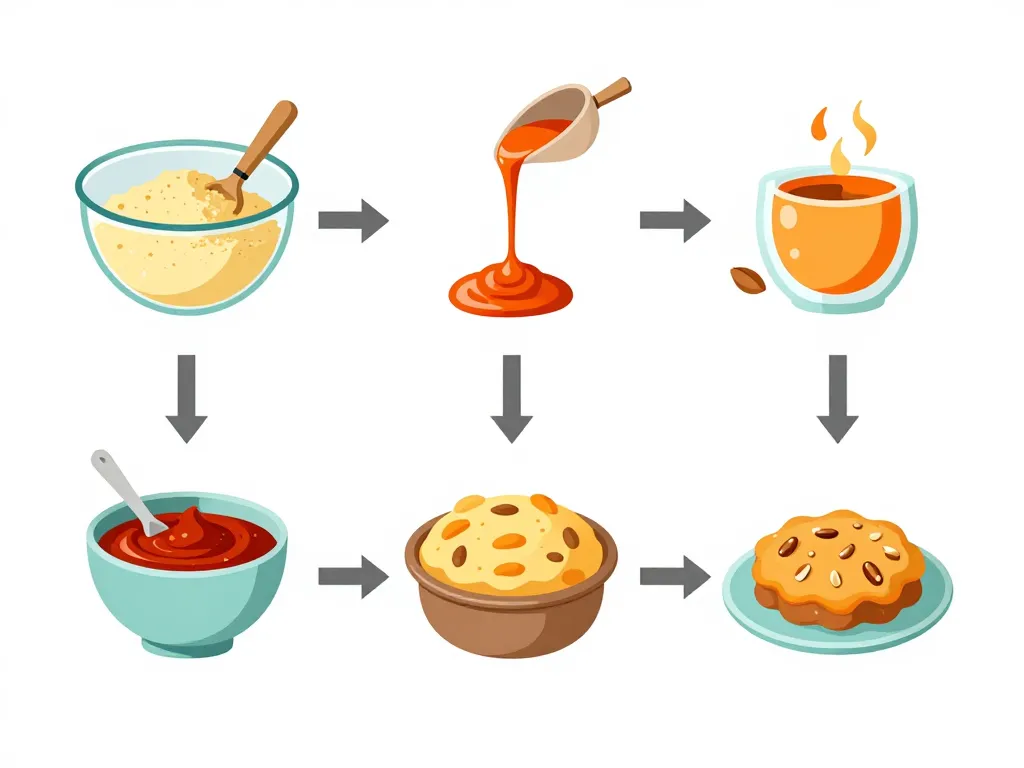 étapes préparation gateau harissa : semoule, sirop, cuisson, fruits secs