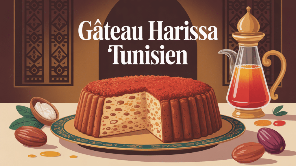 gateau harissa tunisien traditionnel doré sur plateau décoré, ambiance ramadan