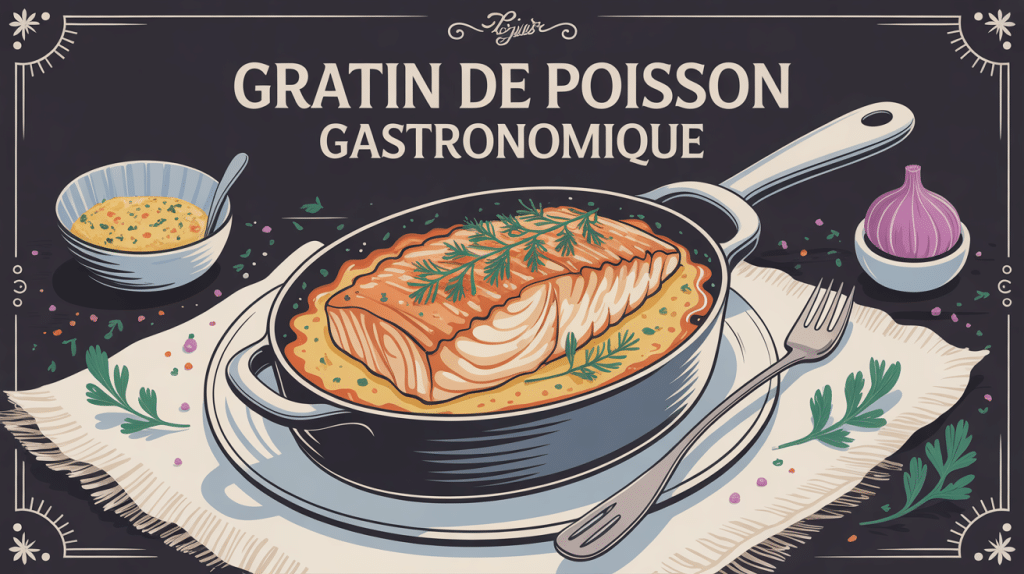 gratin de poisson gastronomique plat raffiné en cocotte sur nappe blanche