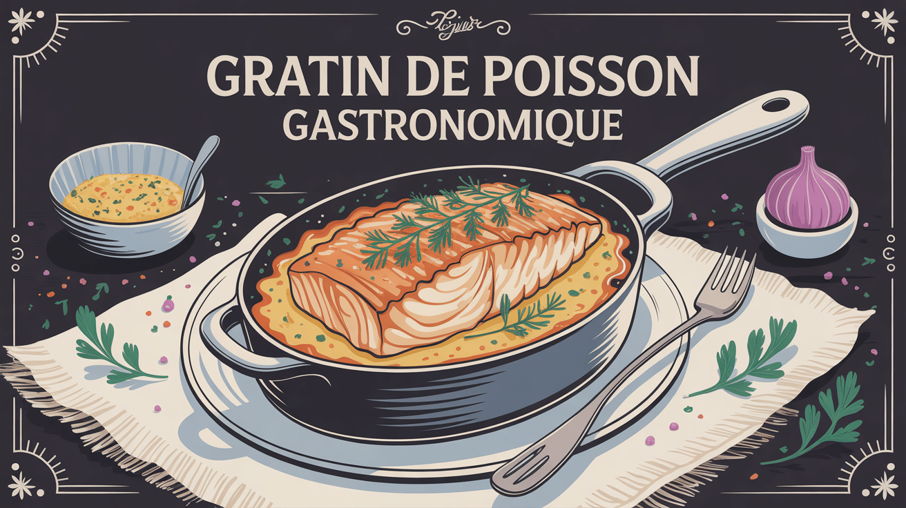 gratin de poisson gastronomique plat raffiné en cocotte sur nappe blanche