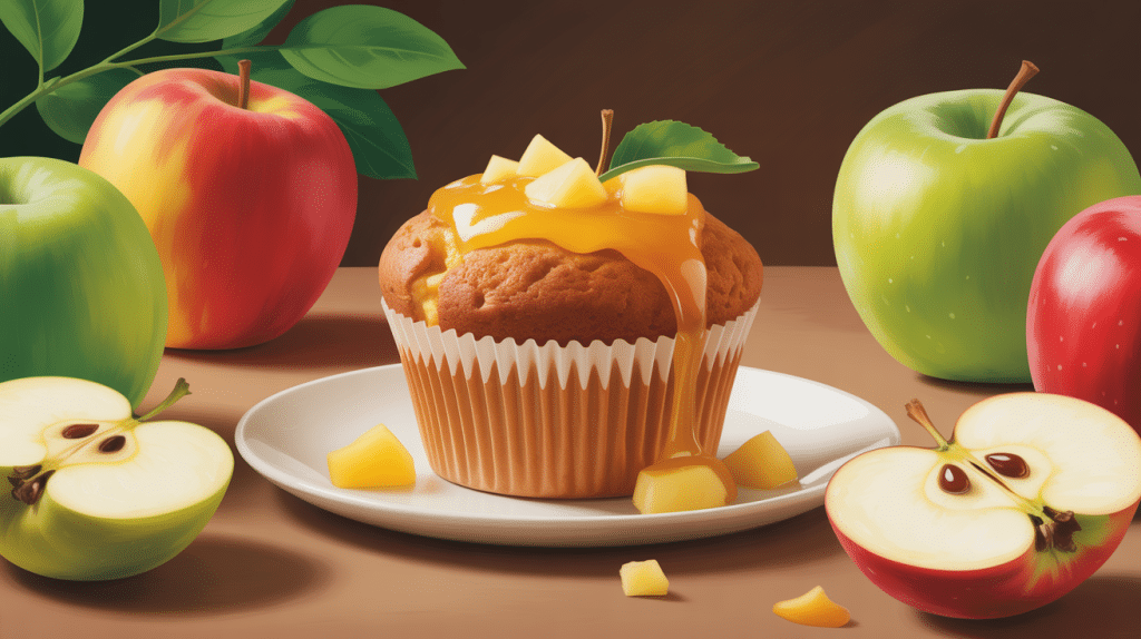 Muffin compote de pomme doré entouré de compote et pommes fraîches
