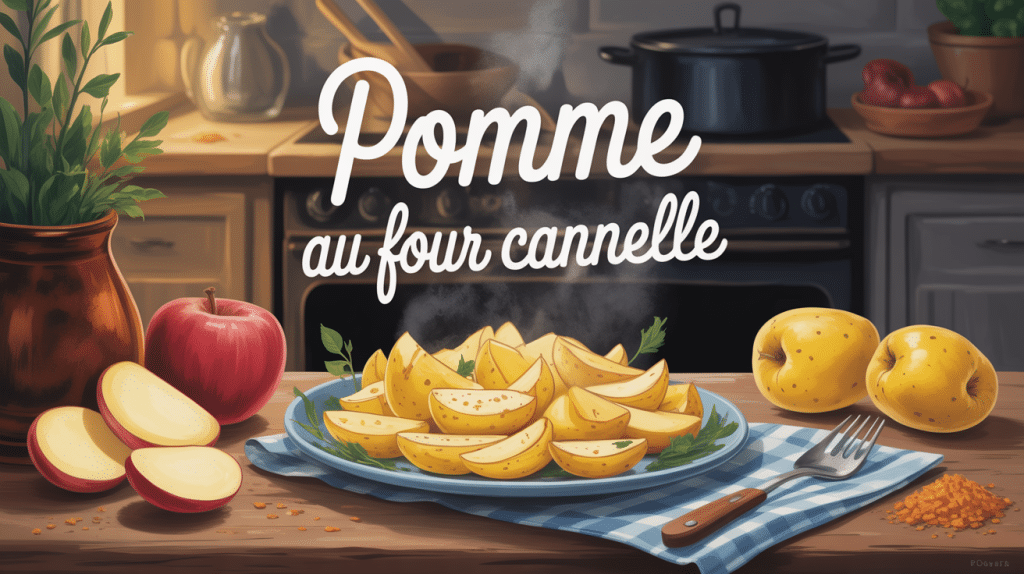 Recette pomme au four cannelle, illustration cosy et pommes dorées